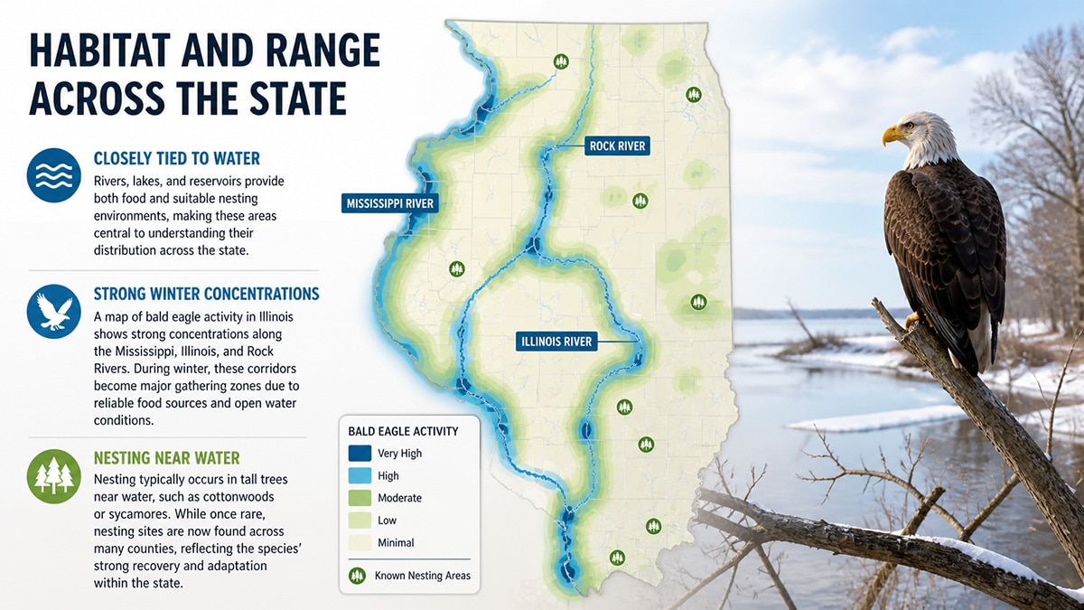 Bald eagle perched beside a winter river with an illustrated map of Illinois highlighting eagle activity along the Mississippi, Illinois, and Rock Rivers