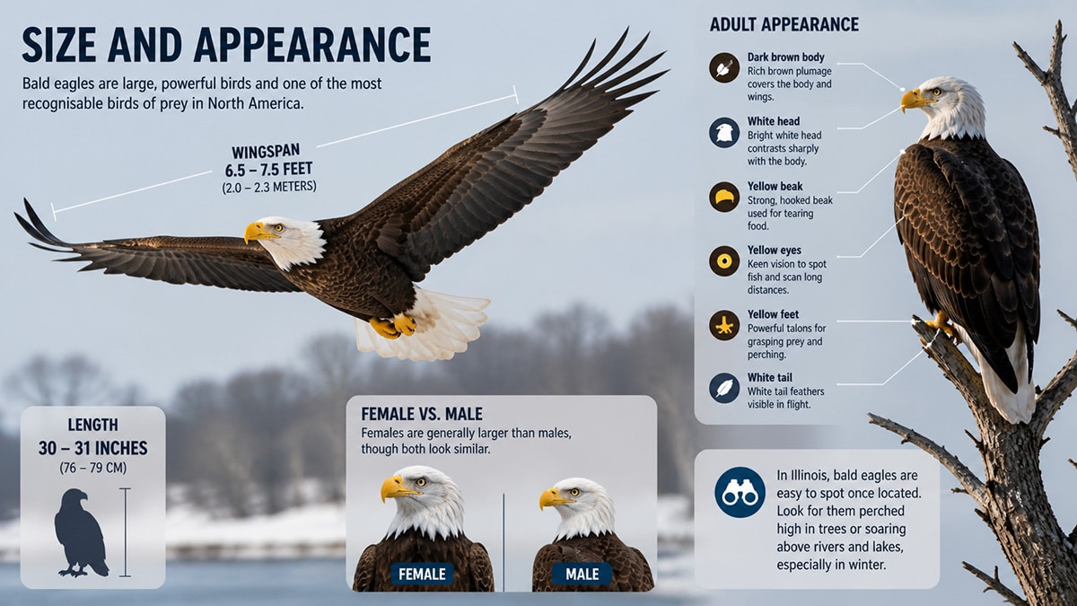 Infographic showing a bald eagle in flight and perched, highlighting wingspan, body length, and key features like white head, dark body, and yellow beak and feet