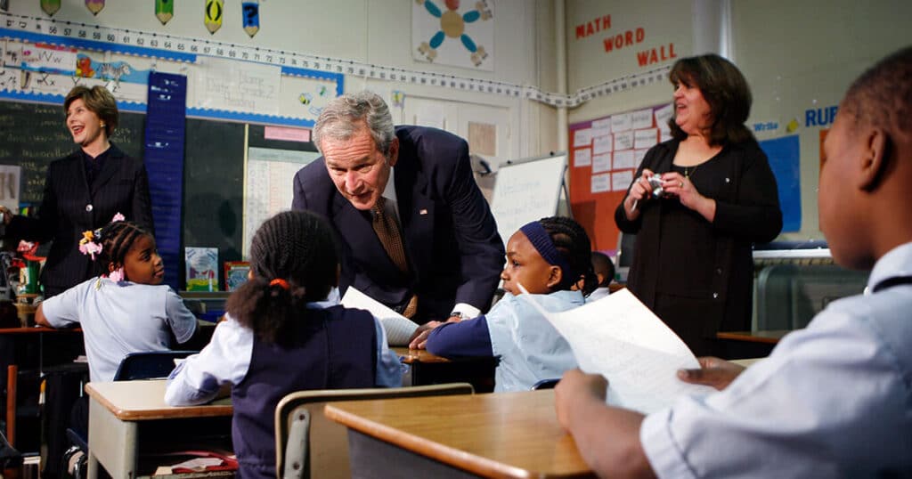 President Bush in classroom promoting No Child Left Behind